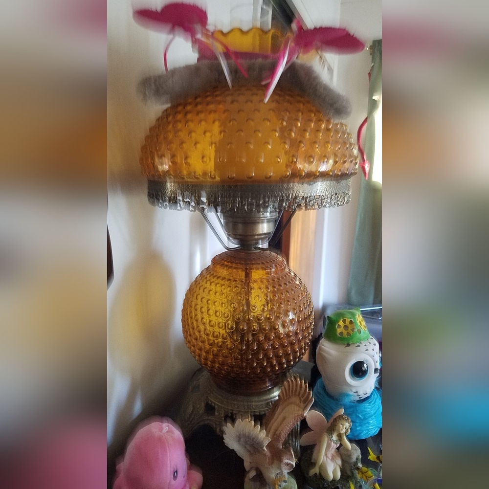 Antique amber hobnail glass hurricane lamp